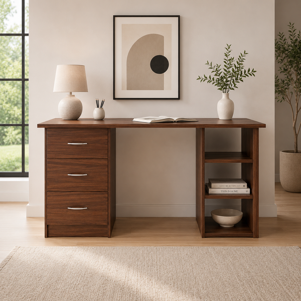مكتب بني 120×75×40 سم بأدراج وأرفف